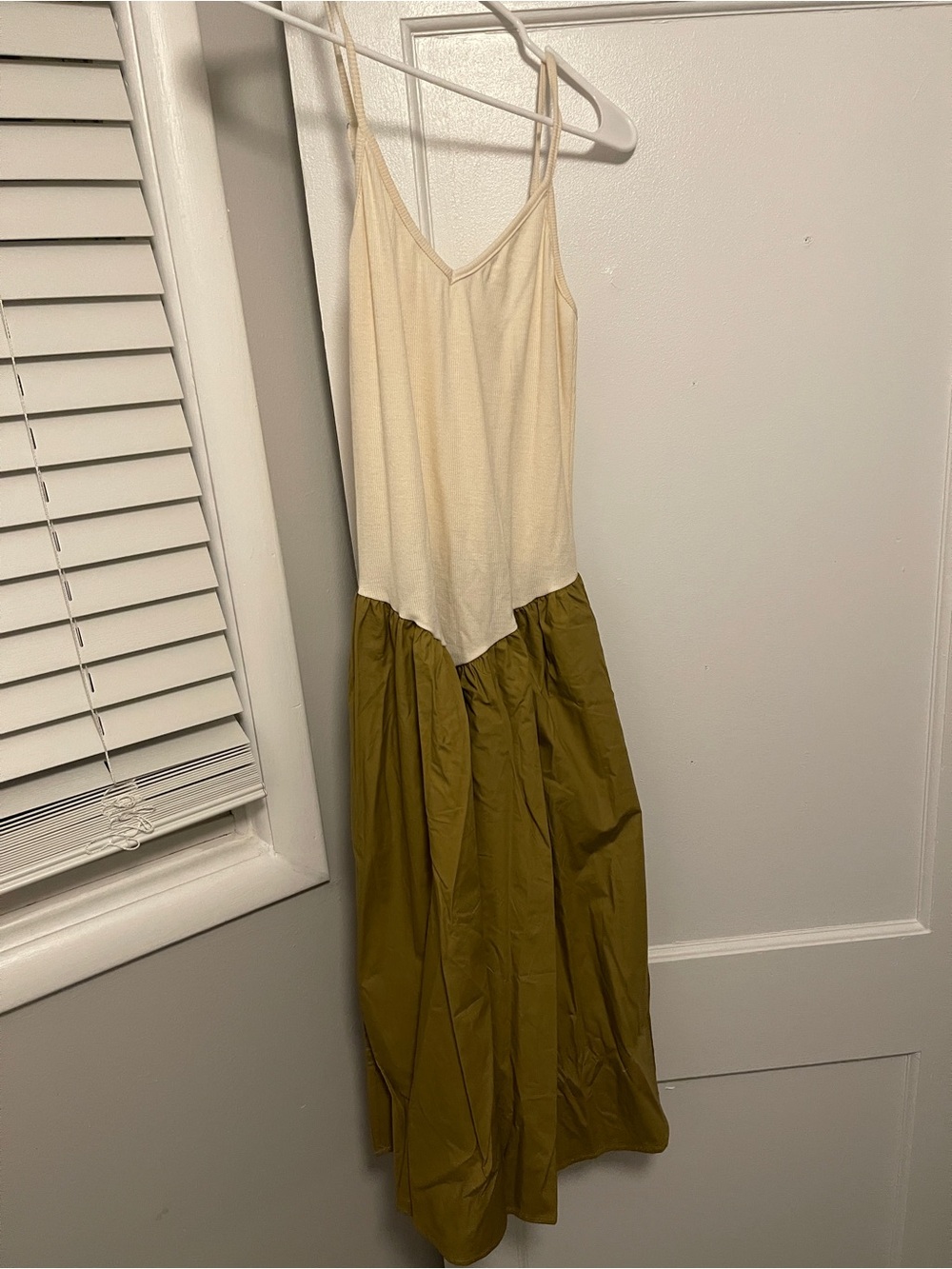 Cream and Olive/Ochre Two-Tone Spaghetti-Strap Midi Dress